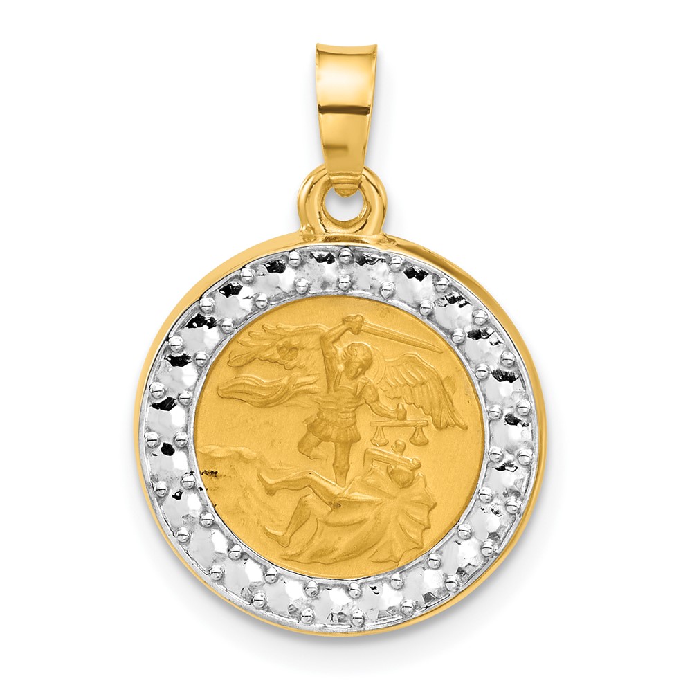 XR2152.jpg 14K with White Rhodium Polished and Satin Hollow St. Michael Medal Round Pendant - Image 1