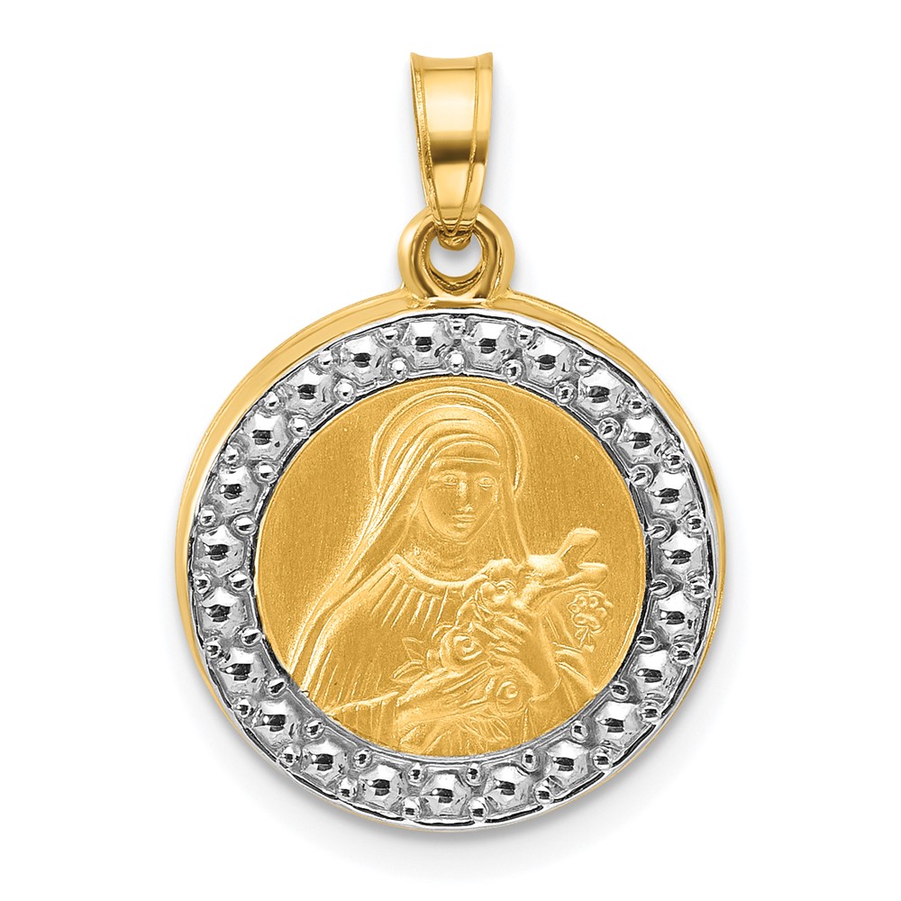 XR2153.jpg 14k with White Rhodium Polished and Satin Hollow St. Theresa Medal Round Pendant - Image 1