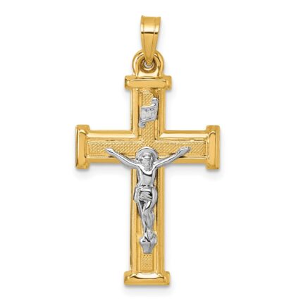 14k with White Rhodium Polished and Textured INRI Crucifix Cross Pendant
