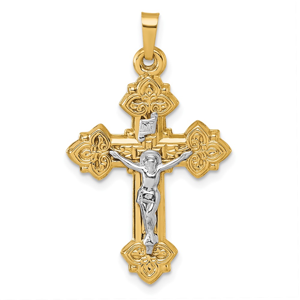 XR2183.jpg 14k with White Rhodium Polished Fleur de Lis INRI Crucifix Cross Pendant - Image 1