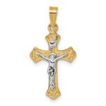 14k with White Rhodium Polished Fleur de Lis INRI Crucifix Cross Pendant