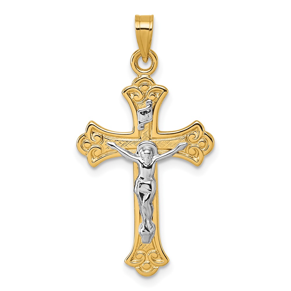 XR2185.jpg 14k with White Rhodium Polished Fleur de Lis INRI Crucifix Cross Pendant - Image 1