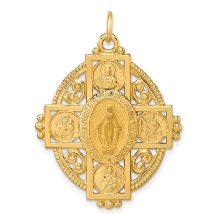 14k Polished Miraculous Medal and Four-way Cross in Filigree Oval Pendant
