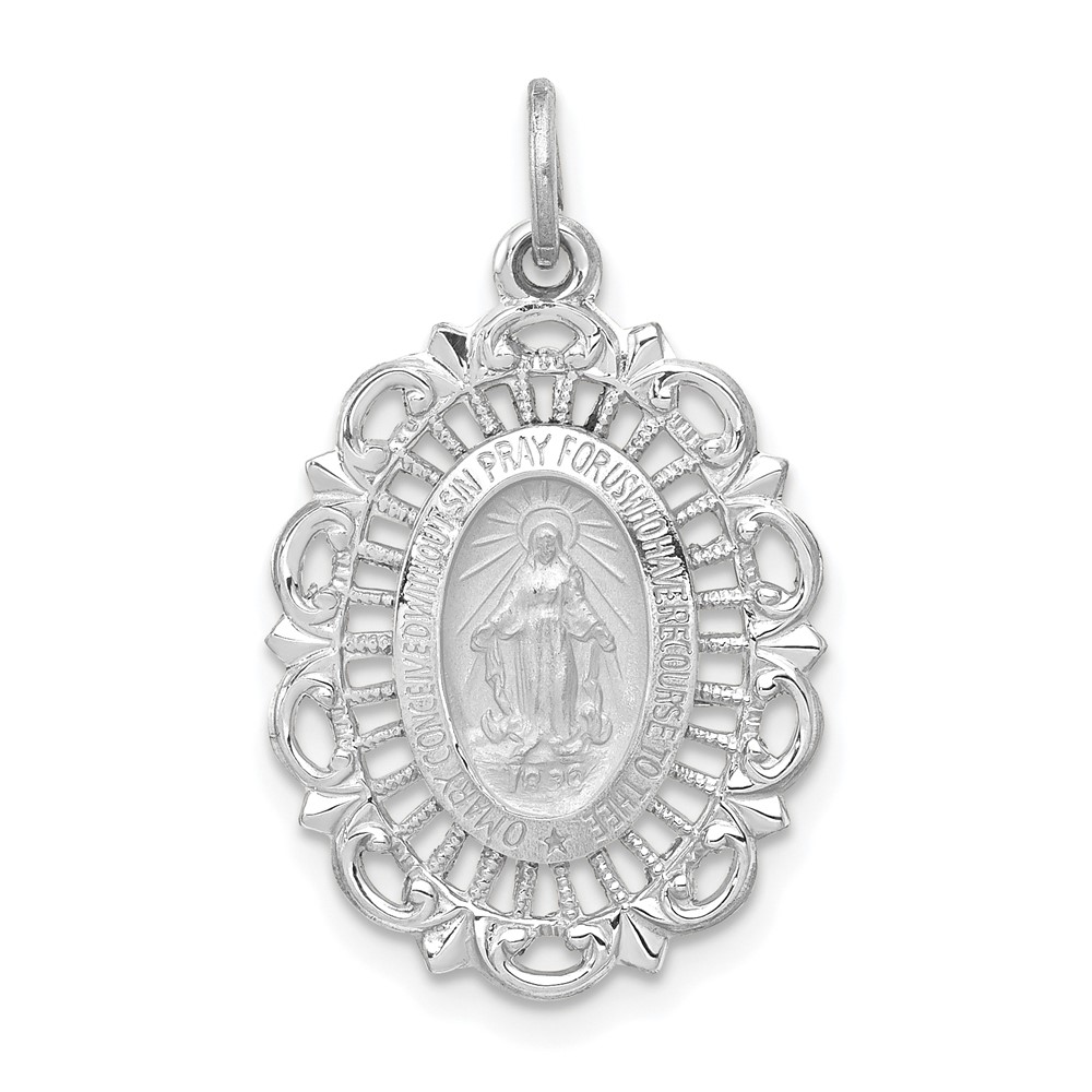 XR331W.jpg 14k White Gold Polished and Satin Solid Miraculous Medal Scalloped Edge Oval Pendant - Image 1