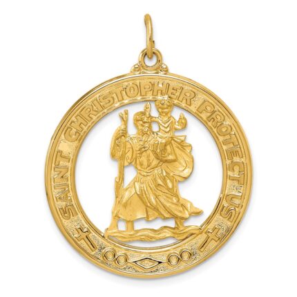 14k Polished and Satin Solid Large Cut-out St. Christopher Medal Round Pendant