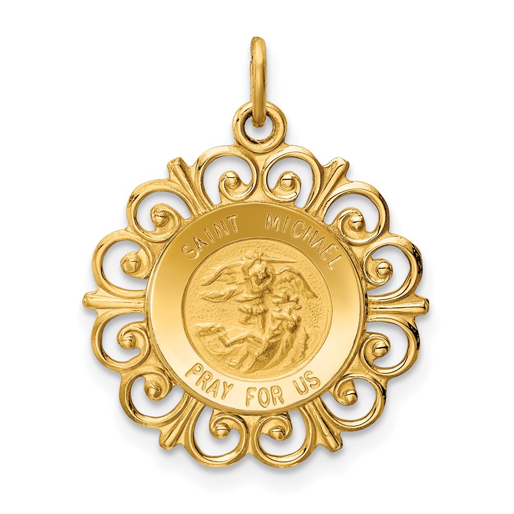 XR386.jpg 14k Polished and Satin Solid St. Michael Medal Scalloped Edge Round Pendant - Image 1