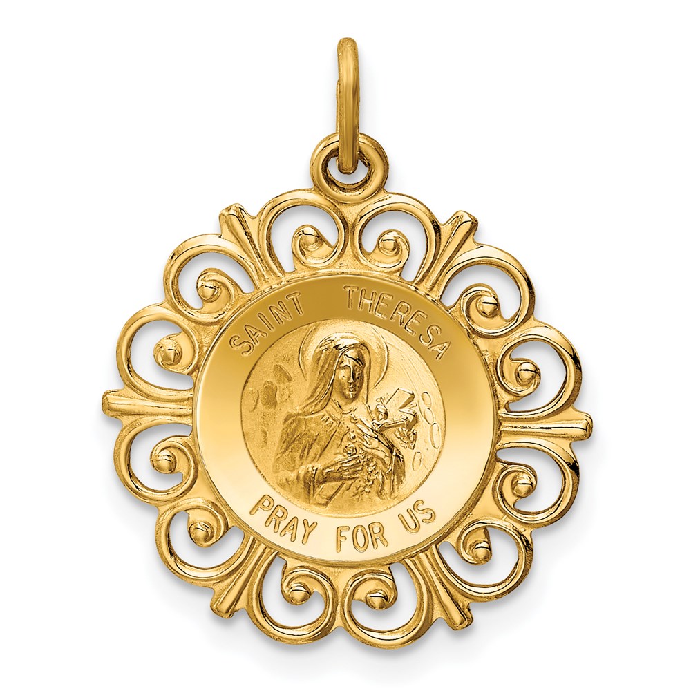 XR390.jpg 14k Polished and Satin Solid Saint Theresa Medal Scalloped Edge Round Charm - Image 1