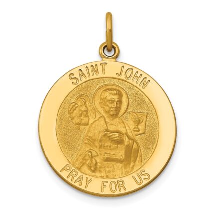14k Polished and Satin Solid Saint John Medal Round Pendant