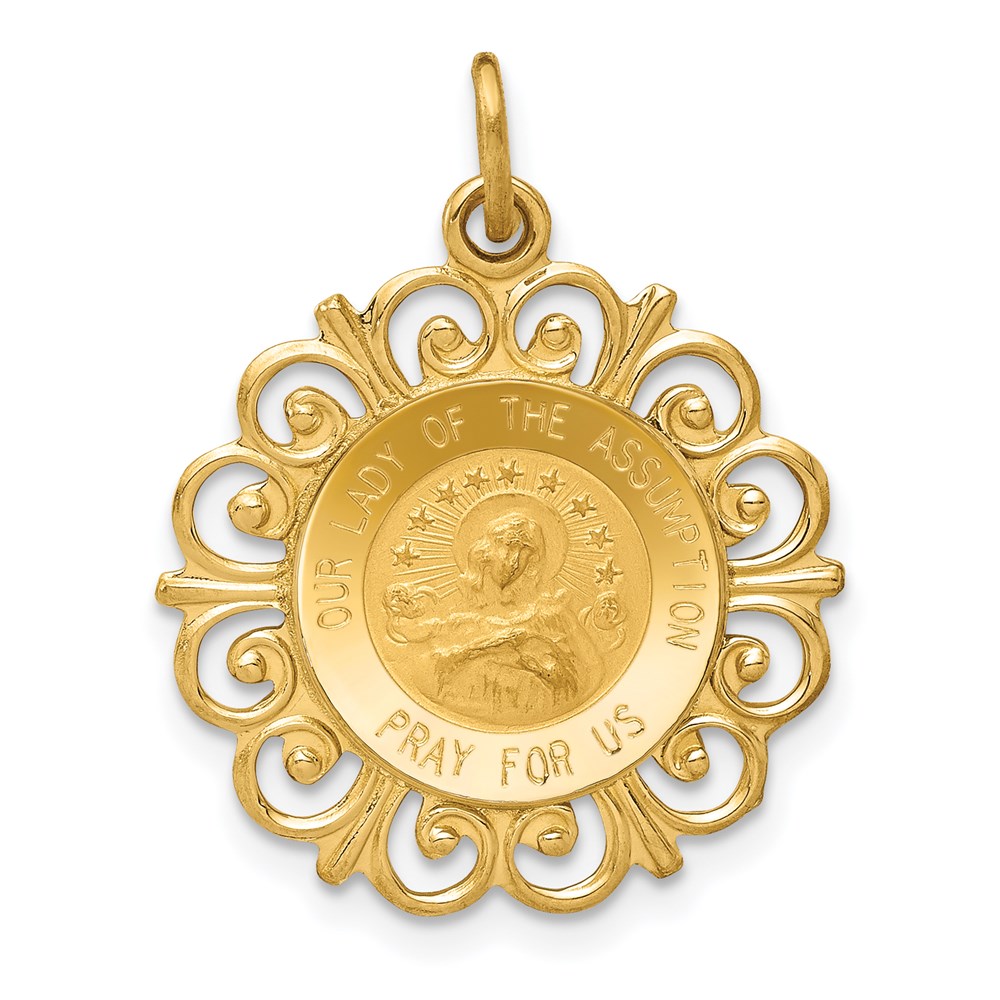 XR641.jpg 14k Polished and Satin Solid Our Lady Of The Assumption Medal Scalloped Edge Round Pendant - Image 1