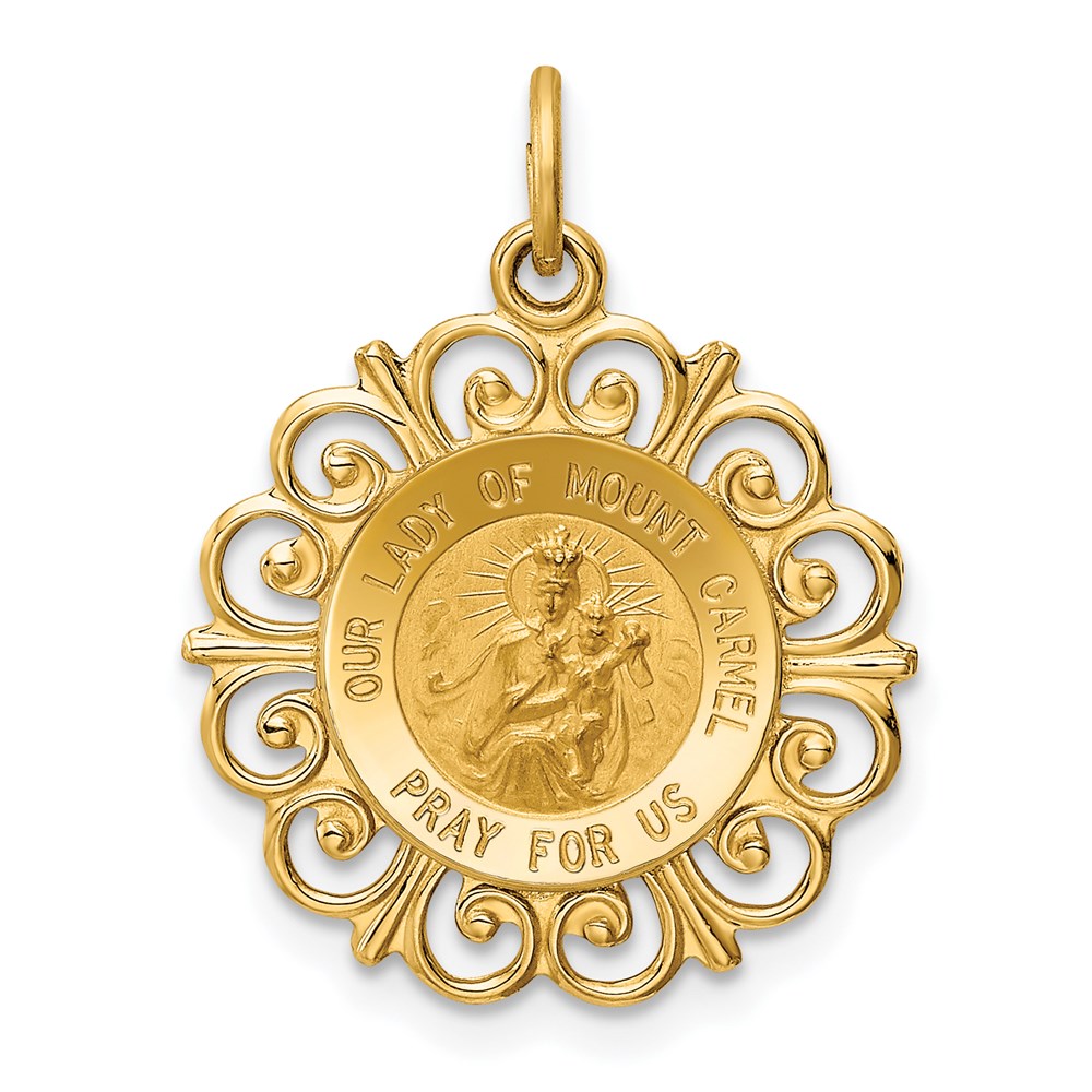 XR653.jpg 14k Polished and Satin Solid Our Lady of Mt. Carmel Medal Scalloped Edge Round Charm - Image 1