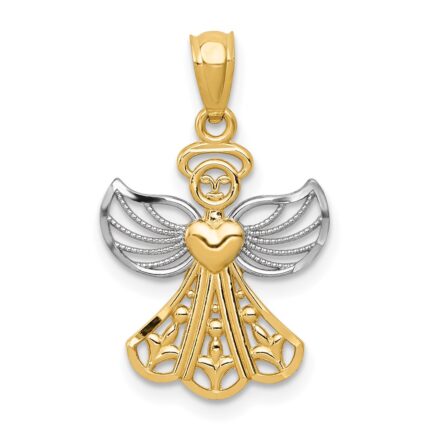 14K and White Rhodium Filigree Angel with Heart Pendant