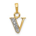 14KY with Rhodium Diamond Letter V Initial Pendant