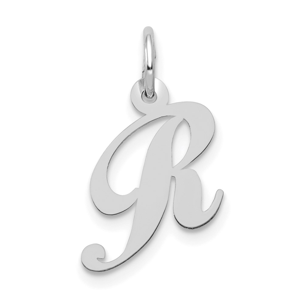 YC651R.jpg 14k White Gold Small Fancy Script Letter R Initial Charm - Image 1