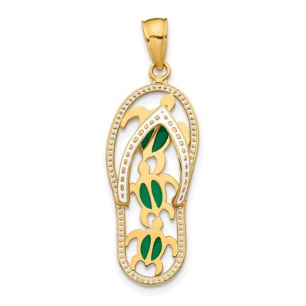 14K Green Enameled Cut-out Flip Flop with Sea Turtles Pendant
