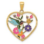 14k Enameled Hummingbird with Flowers Heart Pendant